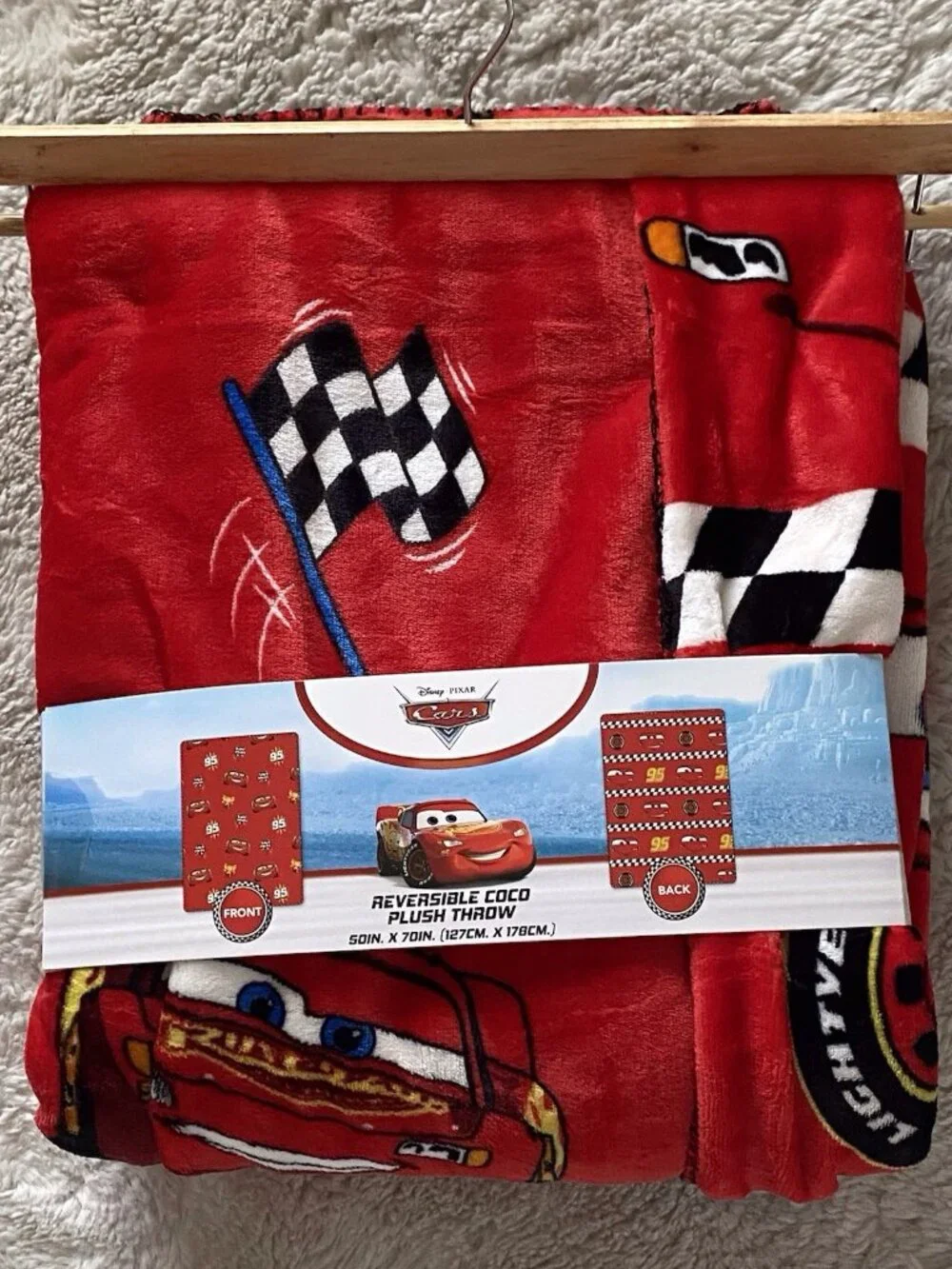 DISNEY Pixar CARS LIGHTNING MCQUEEN Reversible Coco Throw Blanket 50‎ X 70” NEW